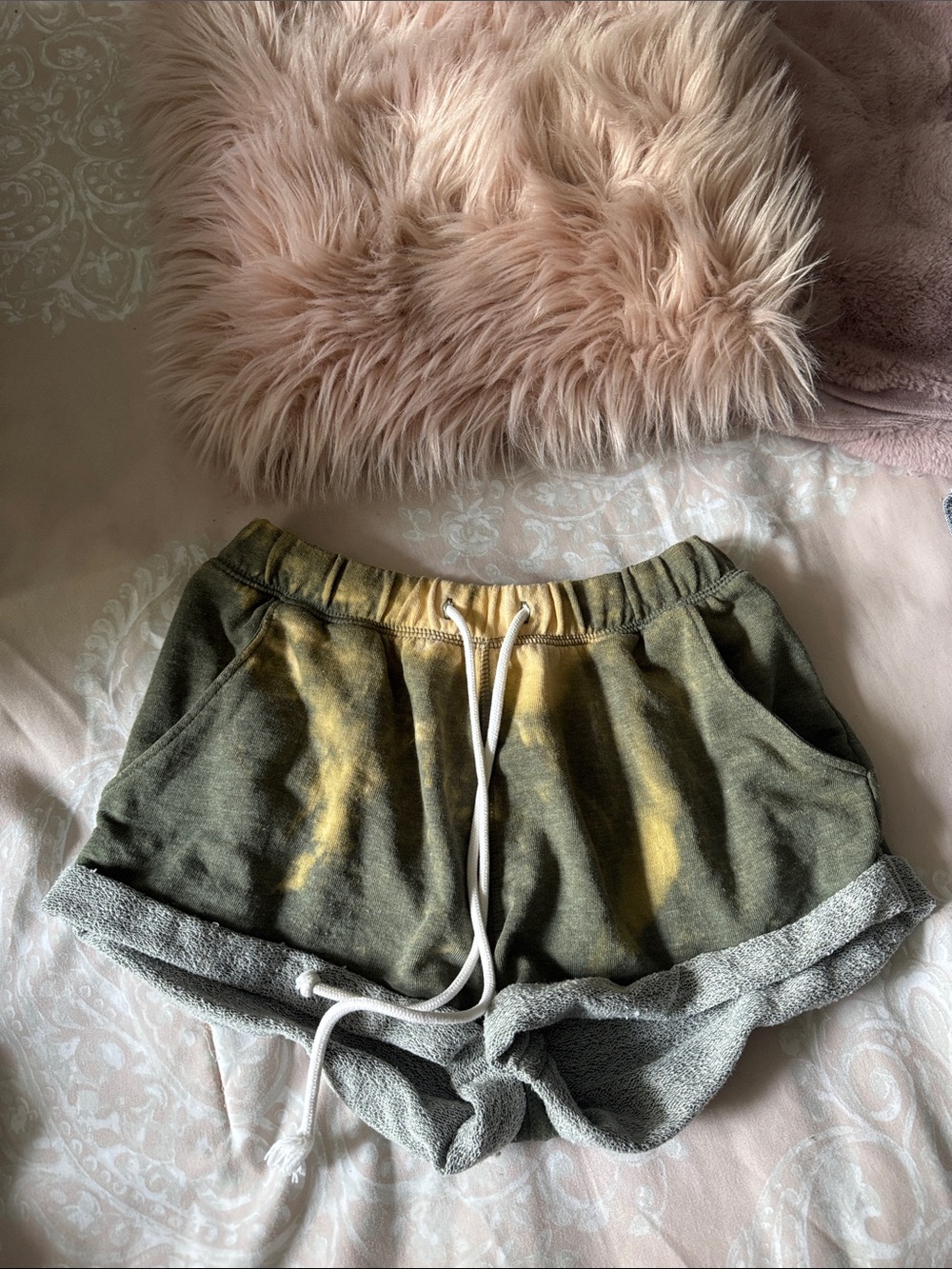 Divided Olive and Yellow Tie-Dye Terry Shorts with Drawstring